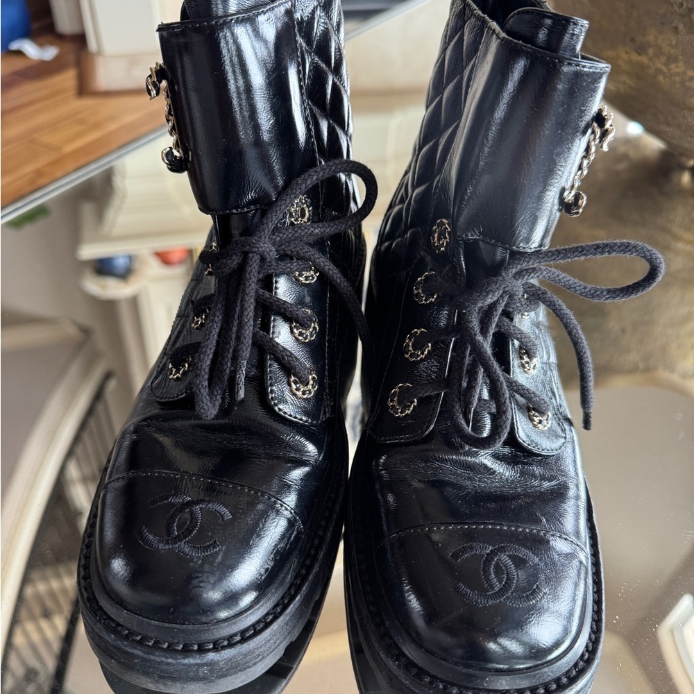 CHANEL Black Quilted Combat Boots Size 37 - Picture 2 of 6